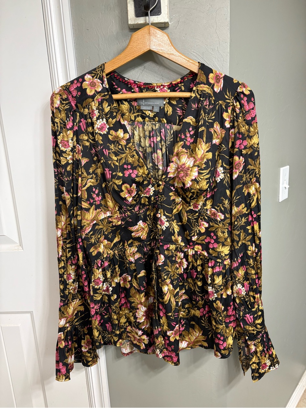 Anthropologie Black Floral V-Neck Long Sleeve Blouse with Gold & Pink Print
